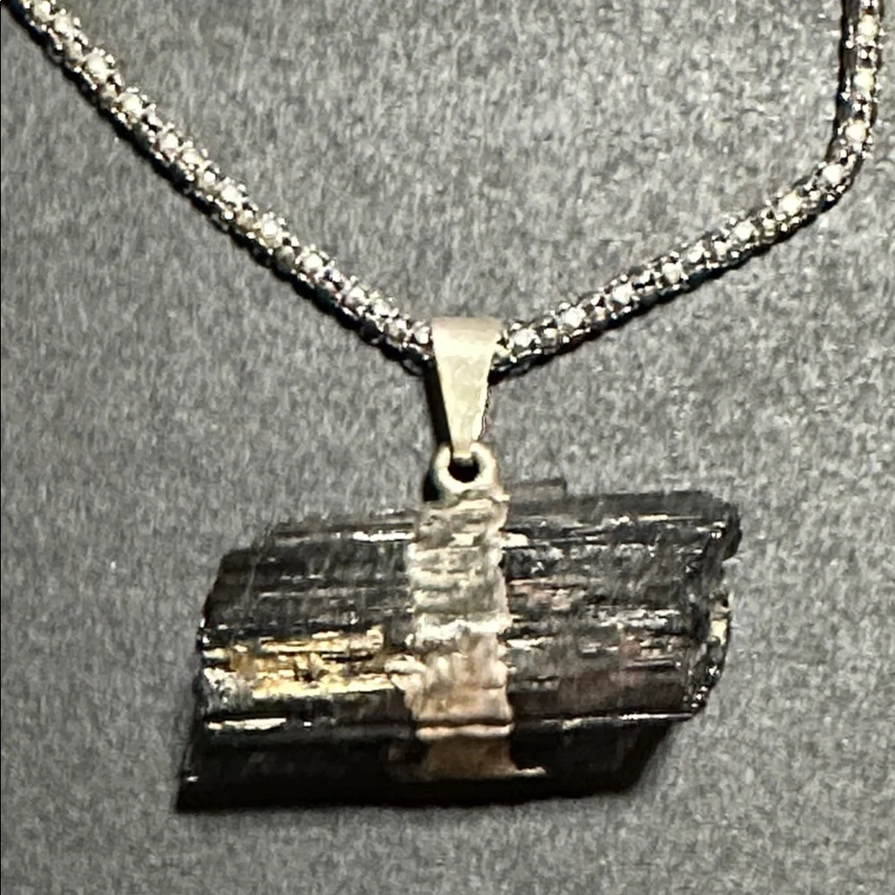 Raw Black Tourmaline Horizontal Pendant Necklace